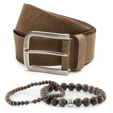 Edelstein Armband Bill & Herrengürtel aus Leder Jaxx - Braun/Taupe