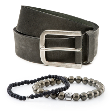 Edelstein Armband Kurt & Herrengürtel aus Leder Jaxx - Grau/Schwarz