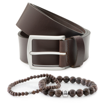 Set in Braun Edelstein Armband Bill  - Onesize & Herrengürtel aus Leder Levi - 4cm breit