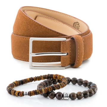 Edelstein Armband Kent & Herrengürtel aus Wildleder Bobby - Cognac